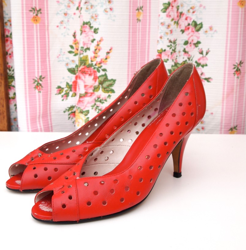 Cerise, French Vintage Cherry Red Leather Peep Toe High Heels with Polka Dot Detail, Size 37, UK 4, American 6.5 il fullxfull 2293507771 Vintage Finds of the Week May 7th