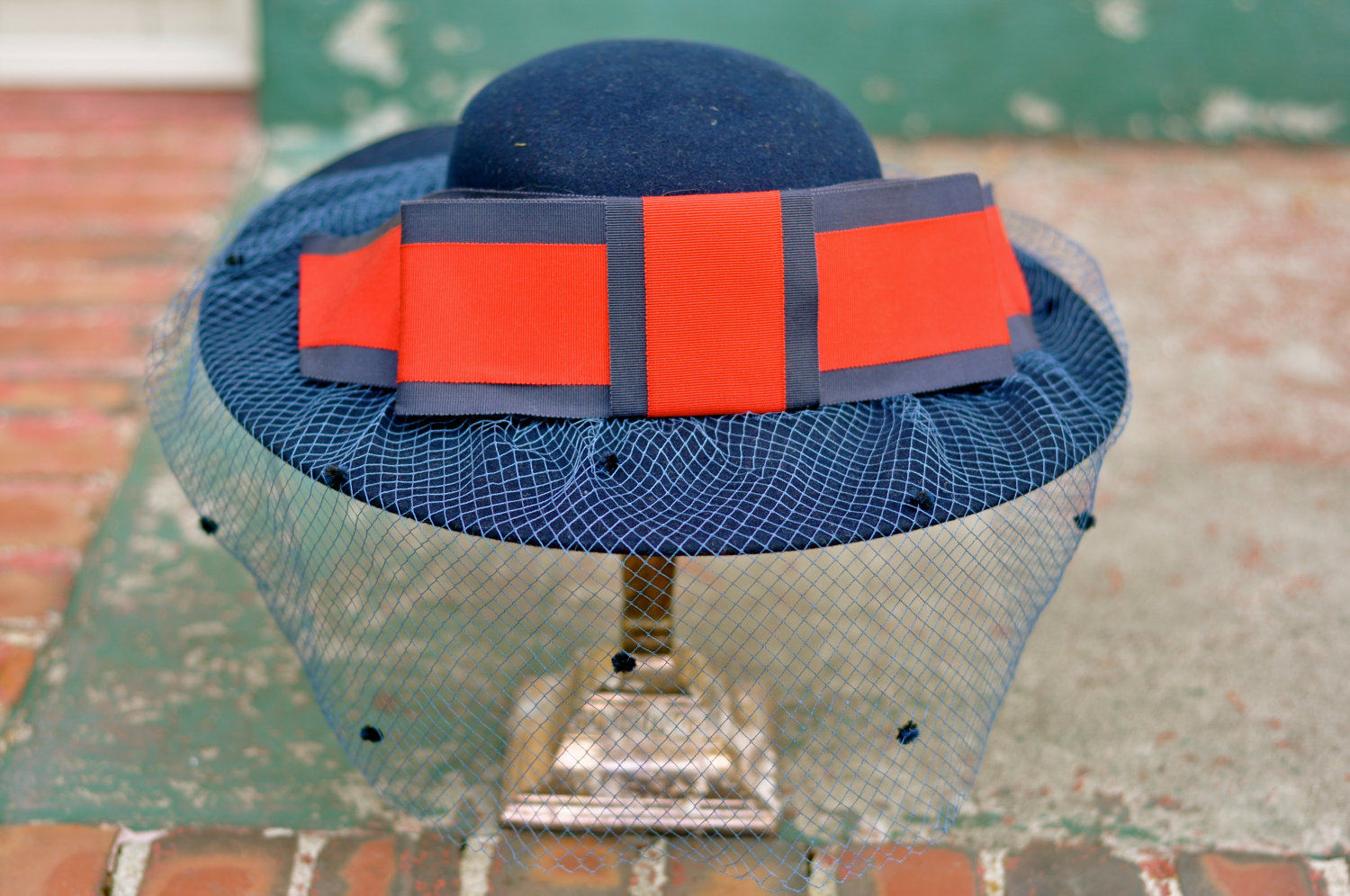 50's Navy Blue Wool Felt Hat with Red/Blue Ribbon & Face Net il fullxfull 25284098912 Favorite Vintage Finds of the Week Memorial Day