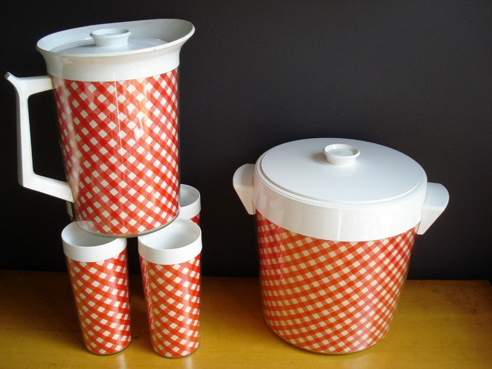 Red Checked pitcher, 4 tumblers and ice bucket il fullxfull 330812948 Favorite Vintage Finds of the Week Memorial Day