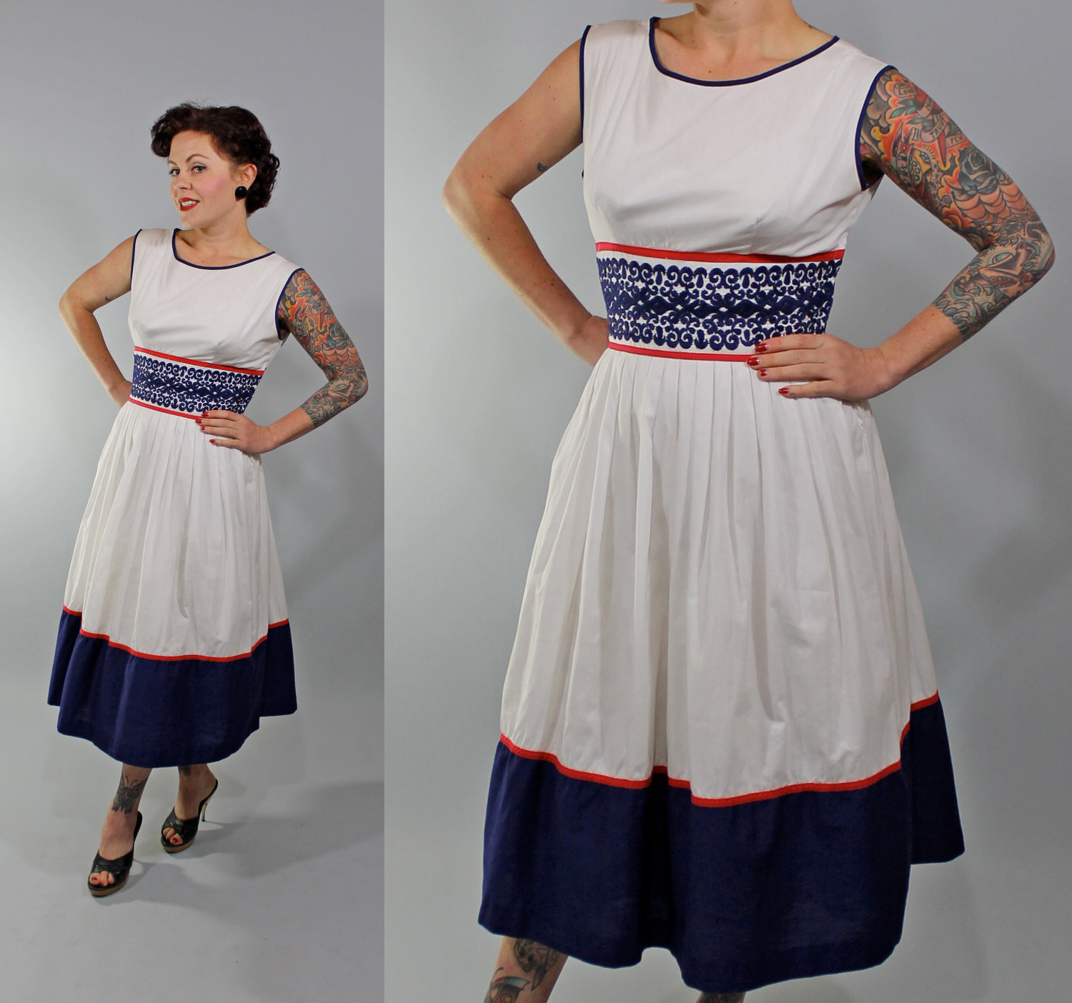 SALE 25% OFF 1950s Vintage Dress...OLD Sweet Song Summer Fashion Red White Blue Patriotic Cotton Sun Dress with Full Skirt Size Medium il fullxfull 3320211711 Favorite Vintage Finds of the Week Memorial Day
