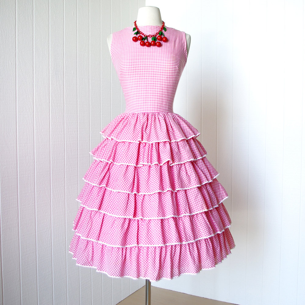 vintage 1950's dress ... pretty in PINK GINGHAM ruffles crocheted trim full skirt pin-up party dress il fullxfull 3361935031 Vintage Finds of the Week May 14th