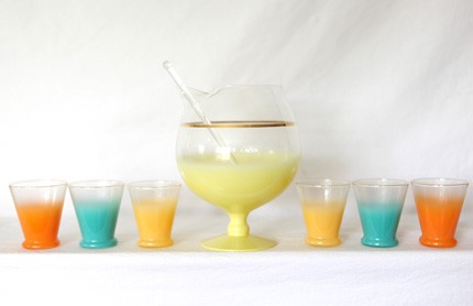 Fabulous Vintage Sherbet Colored Frosted Glass Pitcher and Glasses Set il fullxfull 144399884 Favorite Vintage Finds of the Week June 25th