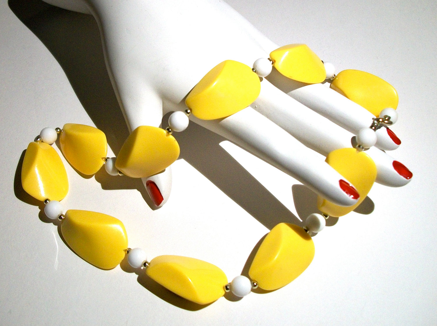 A Lovely Mod Bright Mustard Yellow White Celluloid Beaded Bauble Necklace il fullxfull 3018328871 Favorite Vintage Finds of the Week June 25th