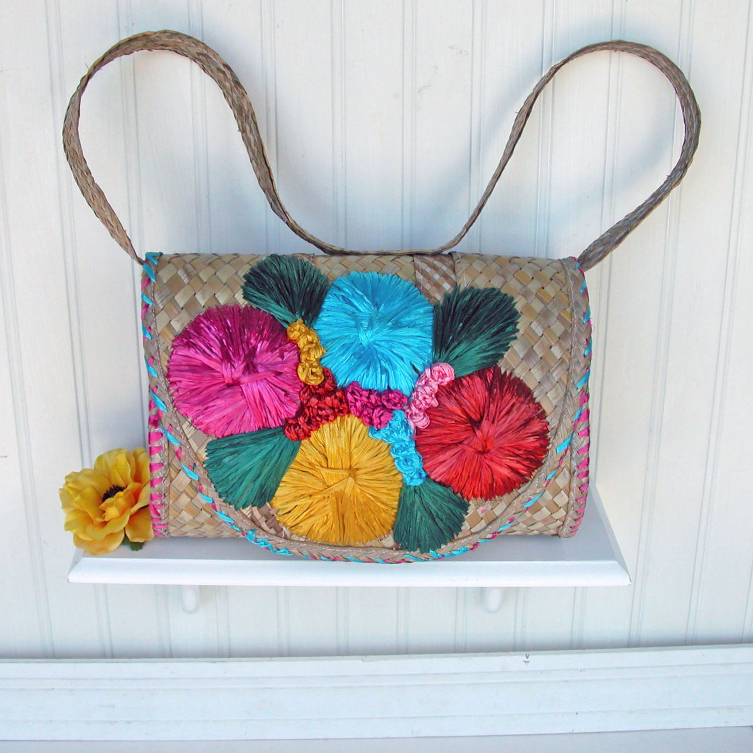Vintage Straw Purse with Colorful Raffia Flowers il fullxfull 3171631191 Favorite Vintage Finds of the Week June 25th