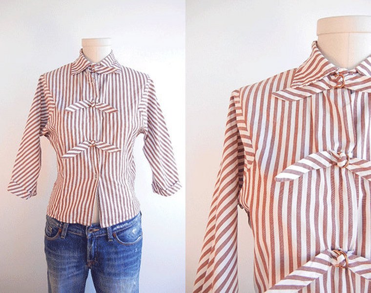 Vintage Striped Blouse / 1950s Cropped Brown and White Stripe Shirt with Tie Front il fullxfull 363558728 5o2v 760x600 Favorite Vintage Finds of the Week October 1st