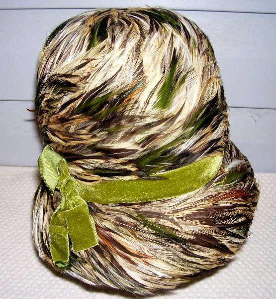 Vintage 1950s Kutz Feather Hat - Green - Tan - Brown - Retro - Mad Men - Church - Costume il fullxfull 375667599 1tx1 555x600 Favorite Vintage Finds of the Week October 1st