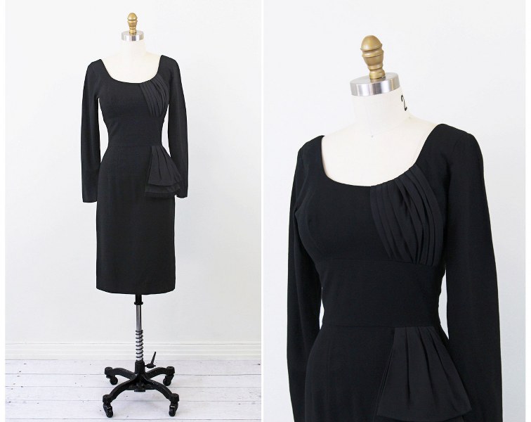 1950s dress / 50s black dress / Black Wiggle Cocktail Dress with Pleated Taffeta Sash il fullxfull 340959514 756x600 Favorite Vintage Finds of the Week October 22nd