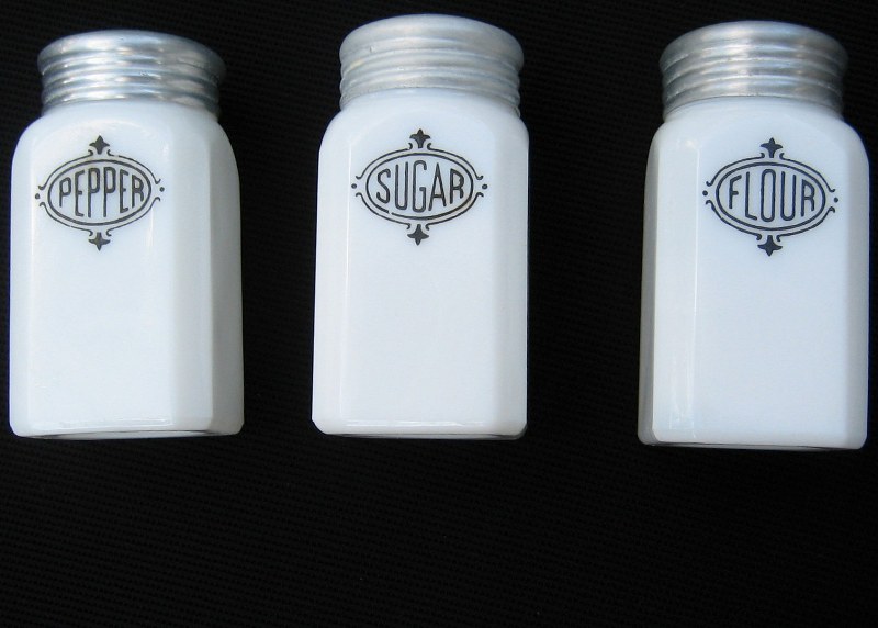 Hazel Atlas Set of 3 Kitchen Shakers of vintage milk glass. Pepper Sugar Flour range set circa 1940s. il fullxfull 383300245 78vj 800x572 Favorite Vintage Finds of the Week October 22nd