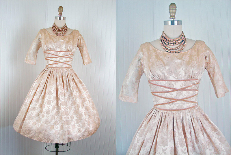 1950s Dress - Vintage 50s Ivory Silk Satin Roses Designer Full Skirt Wedding Party Dress S - Celestial Champagne il fullxfull.373837576 eotr Favorite Vintage Finds of the Week December 31st